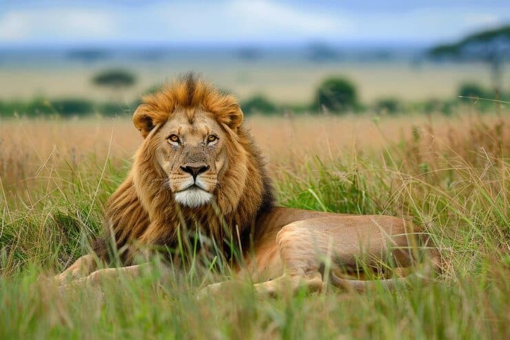 Lion resting in the grassland on a Big Five safari game drive in Akagera National Park, Rwanda